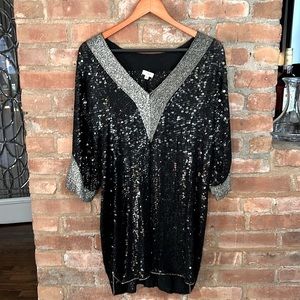 Black and Silver Vintage Sequin and Beaded Mini Dress. Size 4